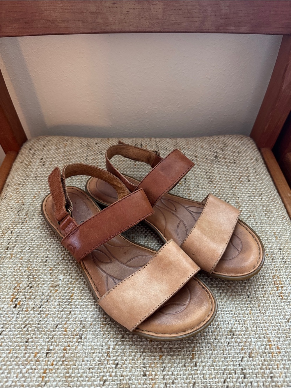 Born Two-Tone Tan and Brown Leather Strap Sandals